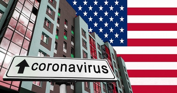 apartment buildings with American flag and coronavirus sign