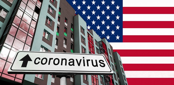 apartment buildings with American flag and coronavirus sign
