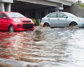 cars in flood under overpass