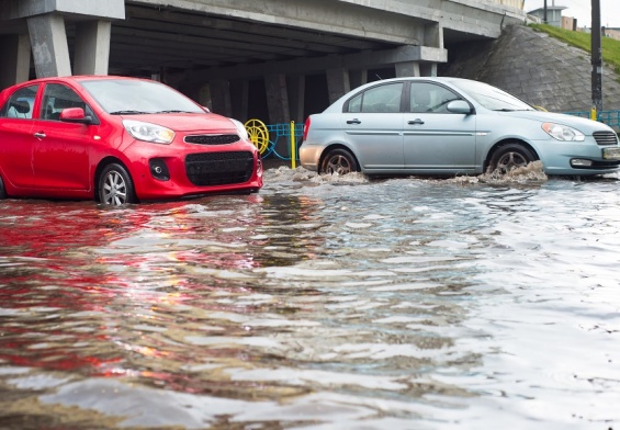 cars in flood under overpass