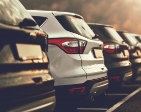 rental cars lined up in a parking lot